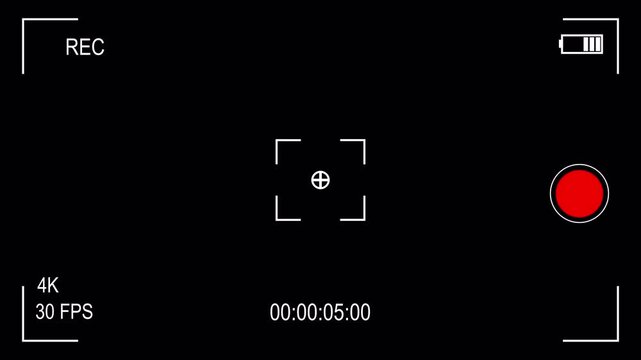 Video camera recorder screen overlay on a black background 4K animation