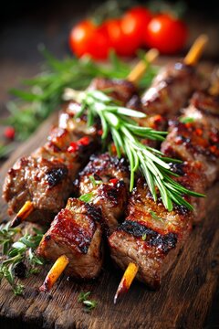 Italian lamb skewers arrosticini served with rosemary on a wooden board with fresh tomatoes