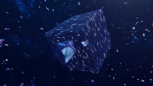 Abstract cube floating in dark space with geometric particles