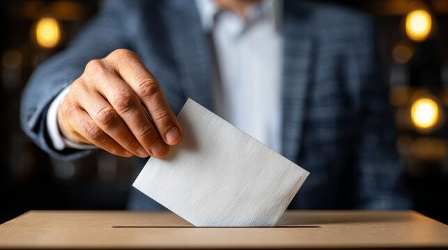 Person places white envelope into ballot box during election at voting station in city