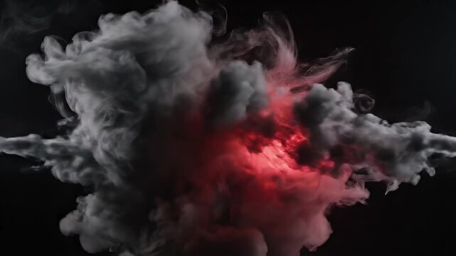 Abstract, dark background with red and white wisps of smoke or mist exploding
