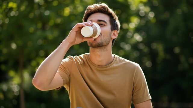 A young man wearing a tan t-shirt drinking from a white cup outdoors with trees in the background. Perfect for lifestyle, health, and wellness content.