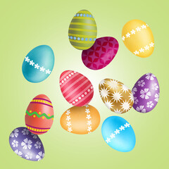 Fototapeta premium Easter eggs decorated for holiday falling on light green background