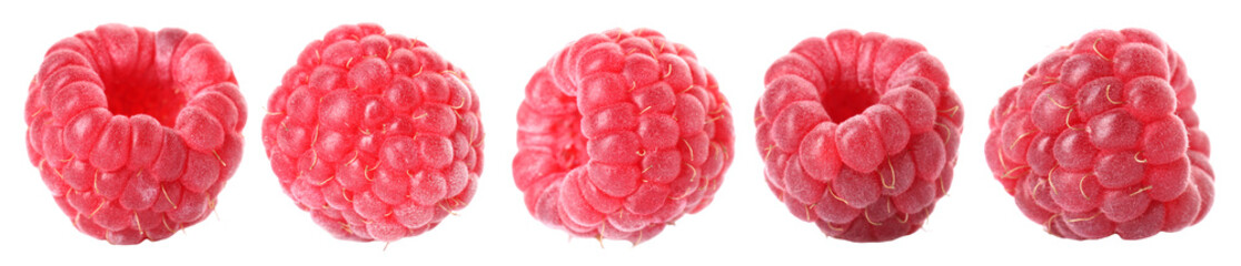 Fresh ripe raspberries isolated on white, set