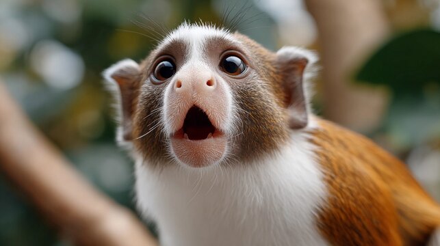 A common squirrel monkey with a white face and brown fur is looking up at the camera