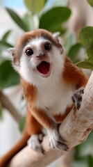 Fototapeta premium A common squirrel monkey monkey is standing on a branch and making a loud noise