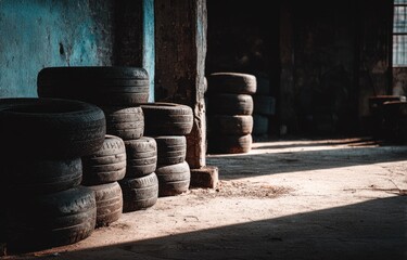 A pile of old tires lay scattered on the ground