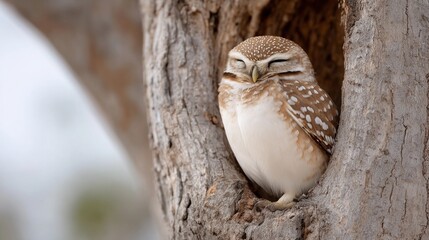 Obraz premium A small owl is sleeping in a tree