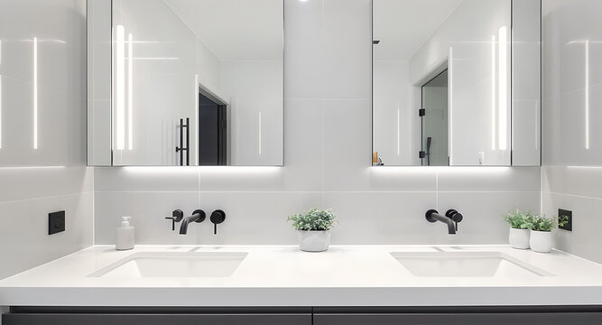 Modern Bathroom Interior Design with Double Sinks and Illuminated Mirrors.