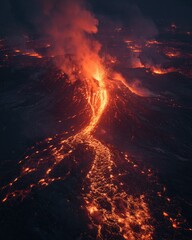 A volcanic eruption caused lava to cascade down the mountainside like water, spreading out to form rivers