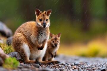 Fototapeta premium Kangaroo shielding joey from heavy rain in a realistic nature setting with vibrant colors