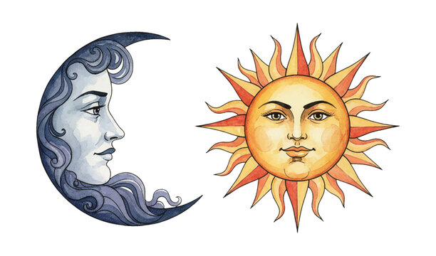 Watercolor painting of a stylized mystical crescent moon face and a radiant sun face celestial art