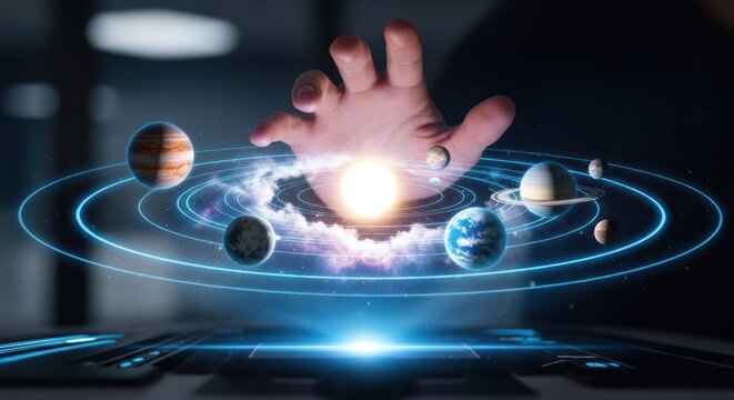 Medium shot of a hand navigating a holographic star system with orbiting planets