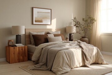A beige bedroom with an elegant and warm atmosphere