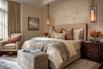 A beige bedroom with an elegant and warm atmosphere