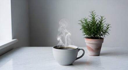 A steaming cup of coffee sits beside a small potted plant on a white table near a window