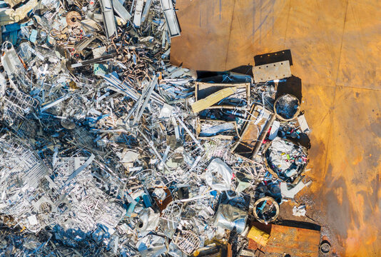 Aerial View of Metal Recycling Plant with Scrap Materials