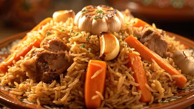 Authentic Uzbek Plov (Pilaf) served hot, garnished with carrots, tender meat, and a whole roasted garlic bulb. Close-up of traditional Central Asian cuisine on a rustic plate.