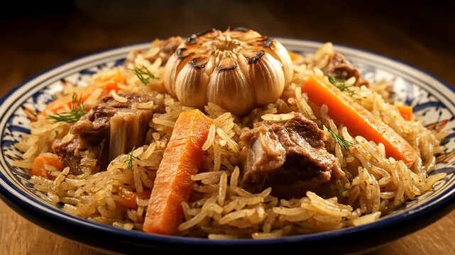 Authentic Uzbek Plov (Pilaf) with tender lamb meat, sliced carrots, and a whole roasted garlic head, served steaming hot in a traditional ornamental ceramic bowl.