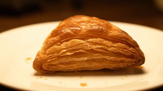 Golden brown flaky puff pastry turnover or savory patty served on a white plate, close-up shot of a delicious bakery snack ready to eat.