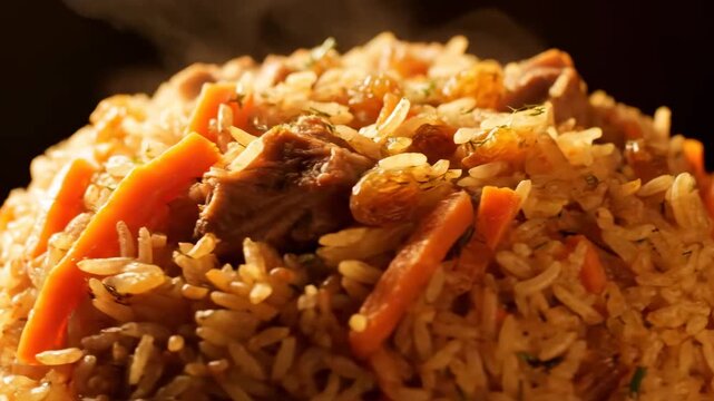 Steaming Uzbek Plov (Pilaf) served hot, featuring flavorful long-grain rice, tender meat chunks, julienned carrots, and golden raisins, dramatically lit on a dark background.