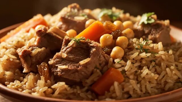 Authentic Central Asian Plov (Pilaf) served hot, featuring seasoned rice, tender meat chunks, carrots, chickpeas, and spices, showcased in dramatic, appetizing lighting.