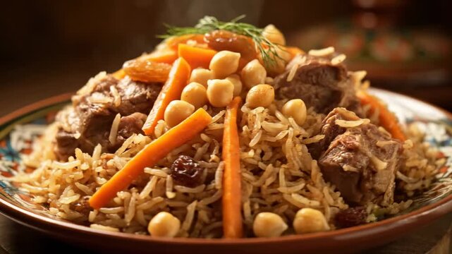 Traditional Plov (Pilaf) served on a decorative plate. Close-up of Central Asian rice dish with tender lamb, chickpeas, carrots, and raisins in moody, rustic setting.