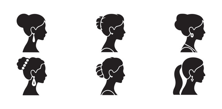 Elegant female profile silhouettes with jewelry featuring earrings and necklaces for bridal design