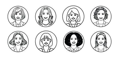 Woman avatar set line art design with circle frames showing various female faces for web profile icons