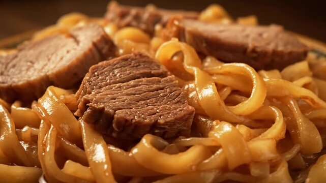 Macro shot of traditional Central Asian cuisine featuring tender braised meat slices (beef or lamb) served over thick, handmade noodles, creating a hearty and savory main course.