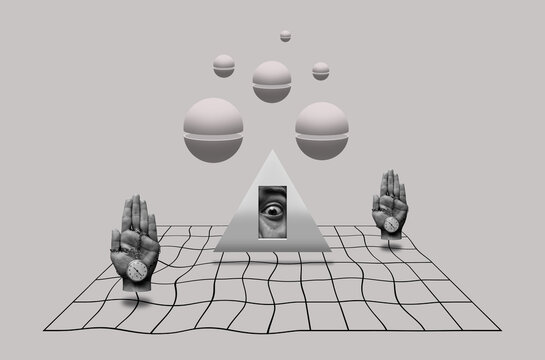 Collage with a hands with clocks and eye inside triangle
