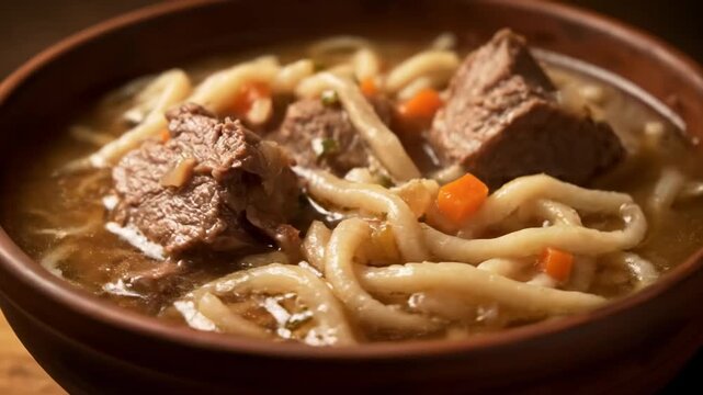 Appetizing close-up of traditional Central Asian Lagman noodle soup or hearty beshbarmak served with large tender beef chunks and vegetable broth in a rustic clay bowl.