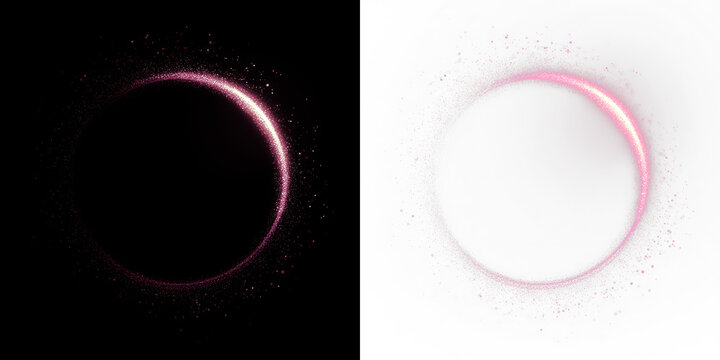 Luminous particle ring shows deep pink tones from emerald to neon on transparent background in a creative display