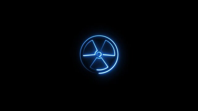 Glowing neon Radiation symbol animation on a black background, Blue neon radioactive hazard Project Radioactive behaviors icon animated,