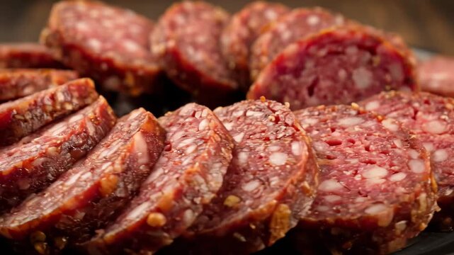 Appetizing close-up of thick slices of dry cured salami or chorizo sausage, showing rich texture and visible fat marbling, perfect for a charcuterie board or snack.