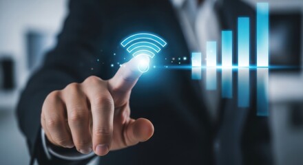 Professional hand touching a glowing wifi icon to connect to a high speed network with signal strength bars
