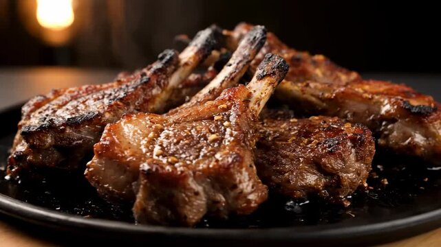 Close-up view of appetizing grilled lamb chops (rack of lamb) seasoned with cracked pepper and spices, served on a dark plate with moody background lighting.