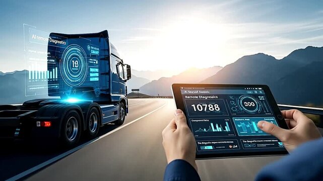 Autonomous truck remote diagnostics system with HUD and tablet interface on scenic highway at sunset