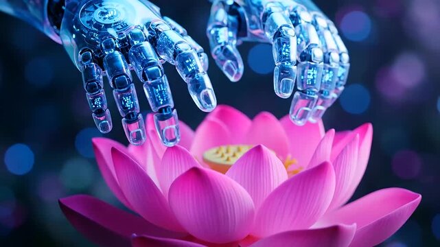AI Workforce Integration elegantly bridges the gap between technology and nature, as a translucent robotic hand delicately touches a vibrant lotus flower in a serene, glowing environment.