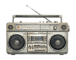 Obraz premium Retro boombox radio cassette player with extendable antenna and speakers in a detailed watercolor illustration