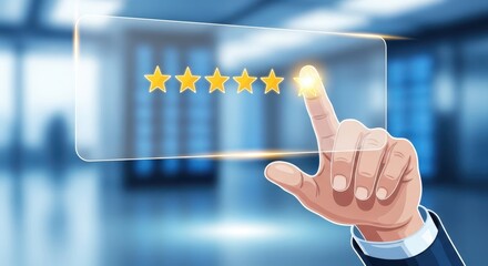 Stylized view of a hand selecting a five star rating icon on a transparent touch screen representing customer satisfaction and quality control.