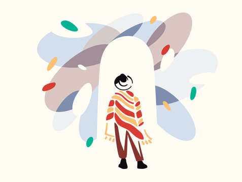 Person standing under abstract shapes