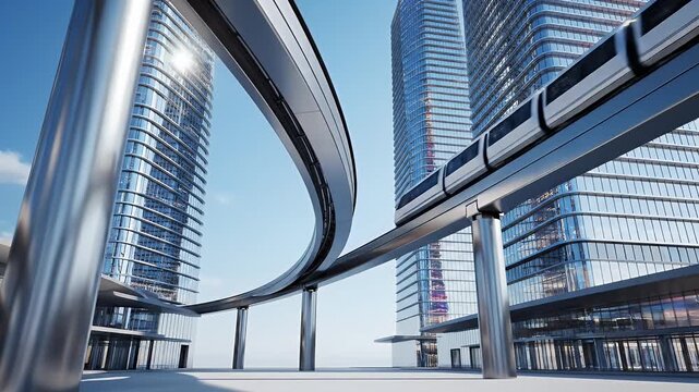 Futuristic monorail speeds through a city of gleaming, modern skyscrapers