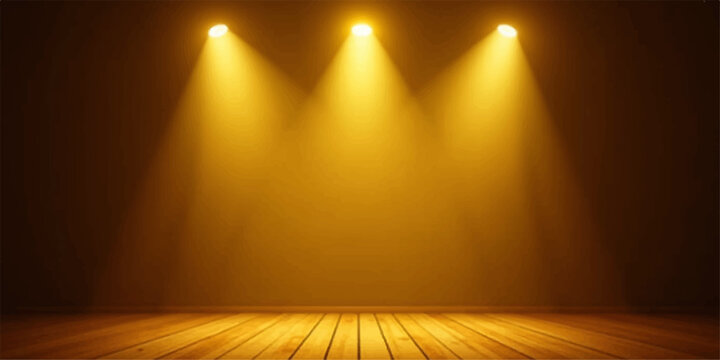 An empty wooden theater stage features a vintage parquet floor and a spotlight illuminating the blank interior wall of a gallery room