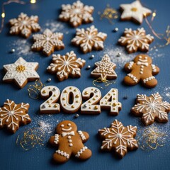 Festive 2024 New Year Gingerbread Cookies on Blue Background.