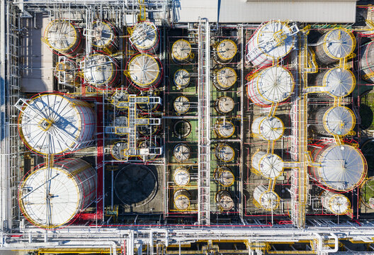 Aerial View of Plastic Chemical Plant Storage Tanks and Piping