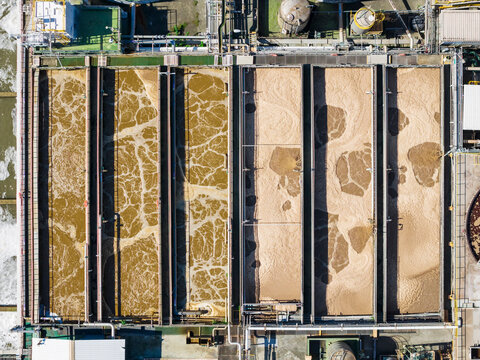 Aerial View of Wastewater Treatment Plant Tanks