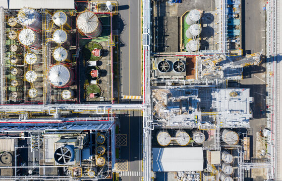 Aerial View of Plastic Chemical Plant Storage Tanks and Piping