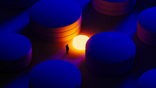 Silhouette of man standing among data servers in data center