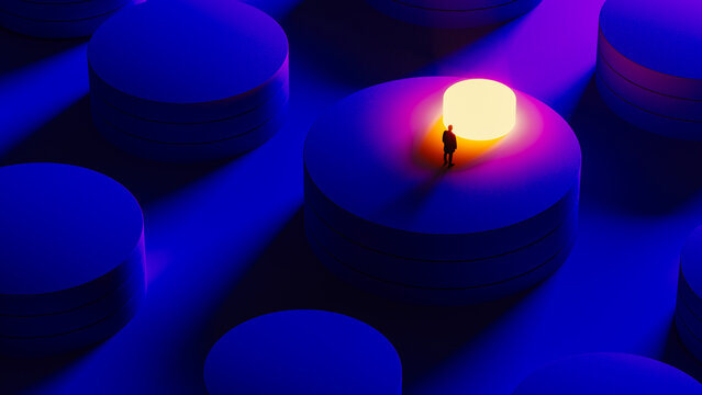 Silhouette of man standing among data servers in data center